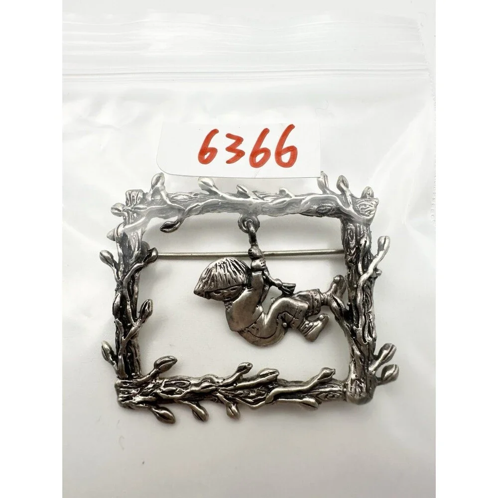 Vintage Sterling Silver Mary Engelbreit Boy On A Rope Swing Brooch Rectangle